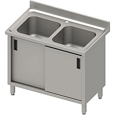 Stalas su 2 skyrių kriaukle, stumdomomis durelėmis 1000x600x850 mm, presuotas stalviršis, konservuotas kraštas 100x15x10