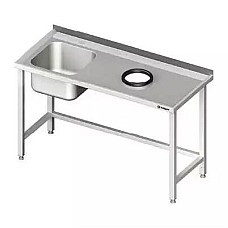 Sieninis stalas su kriaukle, be lentynos su skyle 1300x600x850 mm, 1 suvirinta kairė spintelė