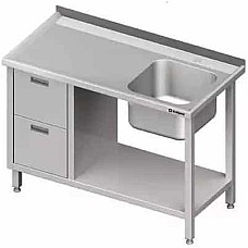 Stalas su 1 dubens kriaukle (P), su 2 stalčiais ir lentyna 1300x700x850 mm