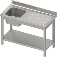 Stalas su 1 dubens kriaukle (L), su lentyna 1400x600x850 mm, suvirintas, presuotas stalviršis, alavuotas kraštas 100x15x10