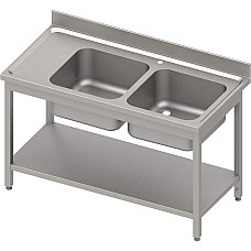 Stalas su 2 kriauklėmis (P), su lentyna 1200x700x850 mm, suvirintas, presuotas stalviršis, alavuotas kraštas 100x15x10