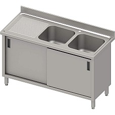 Stalas su 2 dubenų kriaukle (P), stumdomos durelės 1600x600x850 mm, presuotas stalviršis, alavuotas kraštas 100x15x10