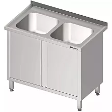 Plieninis stalas su 2 dubenų kriaukle, atlenkiamomis durelėmis, presuotu stalviršiu, 1000x600x850 mm