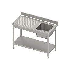 Stalas su 1 dubens kriaukle (P), su lentynėle 1100x700x850 mm, suvirintas, presuotas stalviršis, alavuotas kraštas 100x15x10