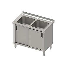 Stalas su 2 kriauklėmis, stumdomomis durelėmis 1000x600x850 mm, presuotas stalviršis