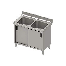 Stalas su 2 kriauklėmis, stumdomomis durelėmis 1000x700x850 mm, presuotas stalviršis, konservuotas kraštas 100x15x10