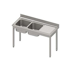 Stalas su 2 kriauklėmis (L), be lentynos 1400x600x850 mm, suvirintas, presuotas stalviršis, alavuotas kraštas 100x15x10