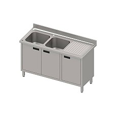 Stalas su 2 skyrių kriaukle (L), atlenkiamomis durelėmis 1400x600x850 mm, presuotas stalviršis, konservuotas kraštas 100x15x10