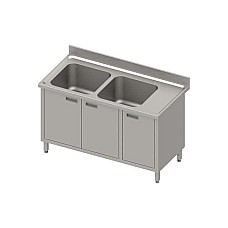 Stalas su 2 skyrių kriaukle (L), atlenkiamomis durelėmis 1400x700x850 mm, presuotas stalviršis, konservuotas kraštas 100x15x10