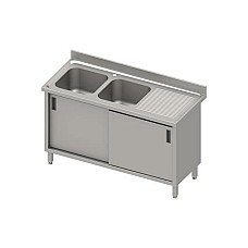 Stalas su 2 skyrių kriaukle (L), stumdomos durys 1400x600x850 mm, presuotas stalviršis, konservuotas kraštas 100x15x10