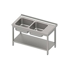 Stalas su 2 kriauklėmis (L), su lentyna 1200x600x850 mm, suvirintas, presuotas stalviršis