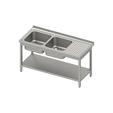 Stalas su 2 skyrių kriaukle (L), su lentyna 1400x600x850 mm, surenkamas, presuotas stalviršis