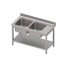 Stalas su 2 kriauklėmis (L), su lentyna 1400x700x850 mm, suvirintas, presuotas stalviršis, alavuotas kraštas 100x15x10