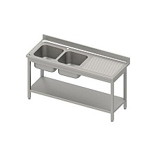 Stalas su 2 skyrių kriaukle (L), su lentyna 1800x600x850 mm, suvirintas, presuotas stalviršis, alavuotas kraštas 100x15x10