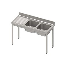 Stalas su 2 kriauklėmis (P), be lentynos 1400x600x850 mm, prisuktas varžtais, presuotas stalviršis, alavuotas kraštas 100x15x10