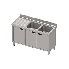 Stalas su 2 skyrių kriaukle (P), atlenkiamos durelės 1400x600x850 mm, presuotas stalviršis, konservuotas kraštas 100x15x10