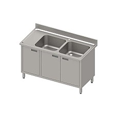 2 dubenų kriauklės stalas (P), atlenkiamos durelės 1400x700x850 mm, presuotas stalviršis, skardinis kraštas 100x15x10