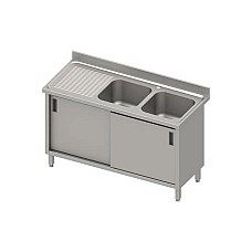 Stalas su 2 skyrių kriaukle (P), stumdomos durelės 1400x600x850 mm, presuotas stalviršis, konservuotas kraštas 100x15x10