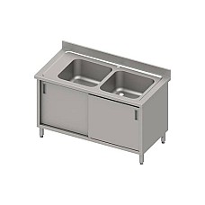 2 dubenų kriauklės stalas (P), stumdomos durelės 1400x700x850 mm, presuotas stalviršis, alavuotas kraštas 100x15x10