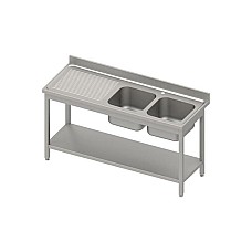 Stalas su 2 kriauklėmis (P), su lentyna 1400x600x850 mm, suvirintas, presuotas stalviršis, alavuotas kraštas 100x15x10