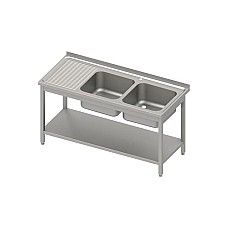 Stalas su 2 kriauklėmis (P), su lentyna 1400x600x850 mm, suvirintas, presuotas stalviršis