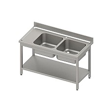 Stalas su 2 kriauklėmis (P), su lentyna 1400x700x850 mm, suvirintas, presuotas stalviršis, alavuotas kraštas 100x15x10