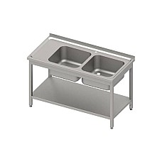 Stalas su 2 kriauklėmis (P), su lentyna 1400x700x850 mm, suvirintas, presuotas stalviršis